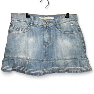 Y2K Blue Denim Mini Skirt with Pleated Hem Low Rise 28" Waist Womens Juniors